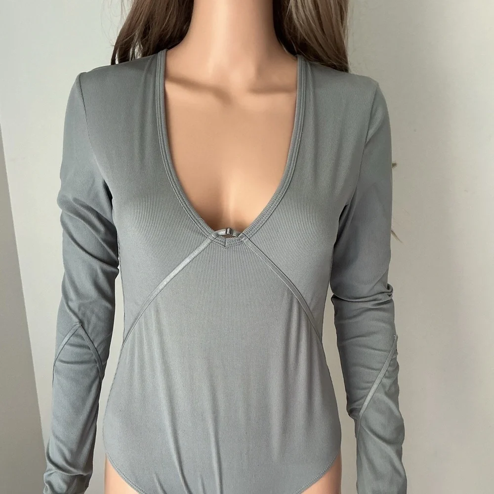 Free People Light Blue Long Sleeve Bodysuit